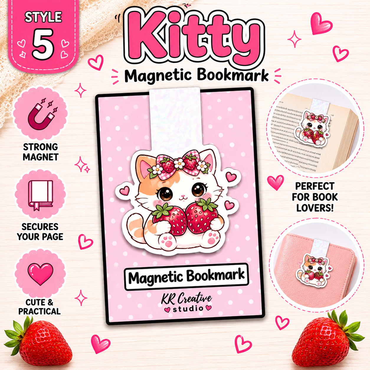 Strawberry Magnetic Bookmark Set | Cute Magnetic Bookmarks | Reader Gift | Planner Accessory | Book Lover Gift