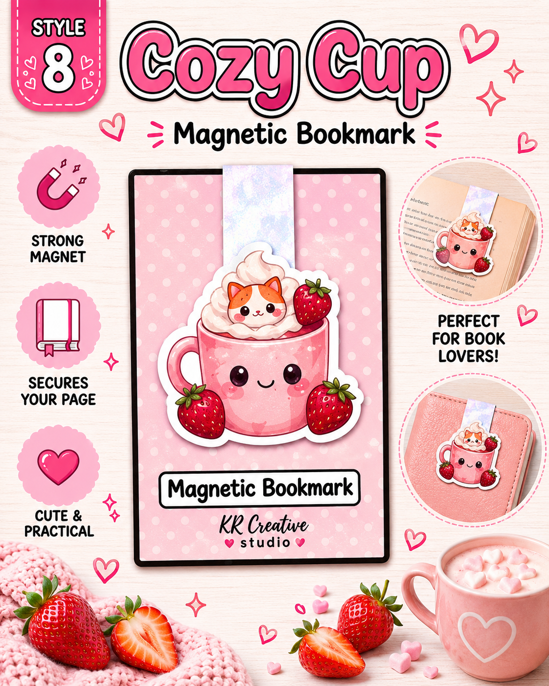 Strawberry Magnetic Bookmark Set | Cute Magnetic Bookmarks | Reader Gift | Planner Accessory | Book Lover Gift
