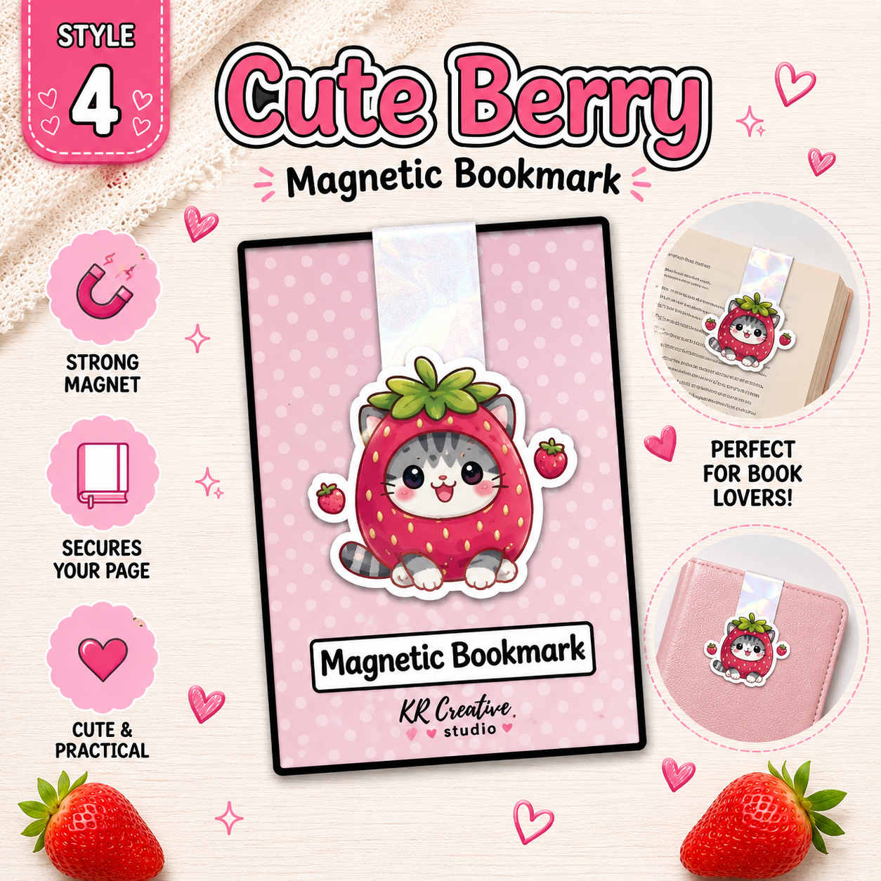 Strawberry Magnetic Bookmark Set | Cute Magnetic Bookmarks | Reader Gift | Planner Accessory | Book Lover Gift