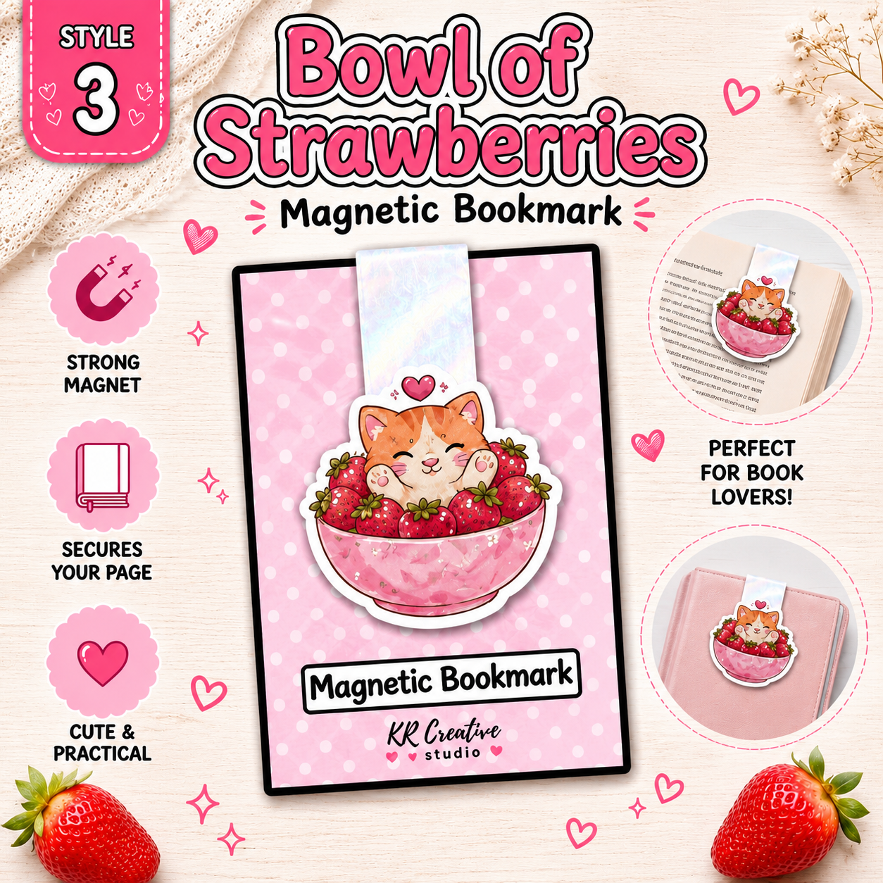 Strawberry Magnetic Bookmark Set | Cute Magnetic Bookmarks | Reader Gift | Planner Accessory | Book Lover Gift