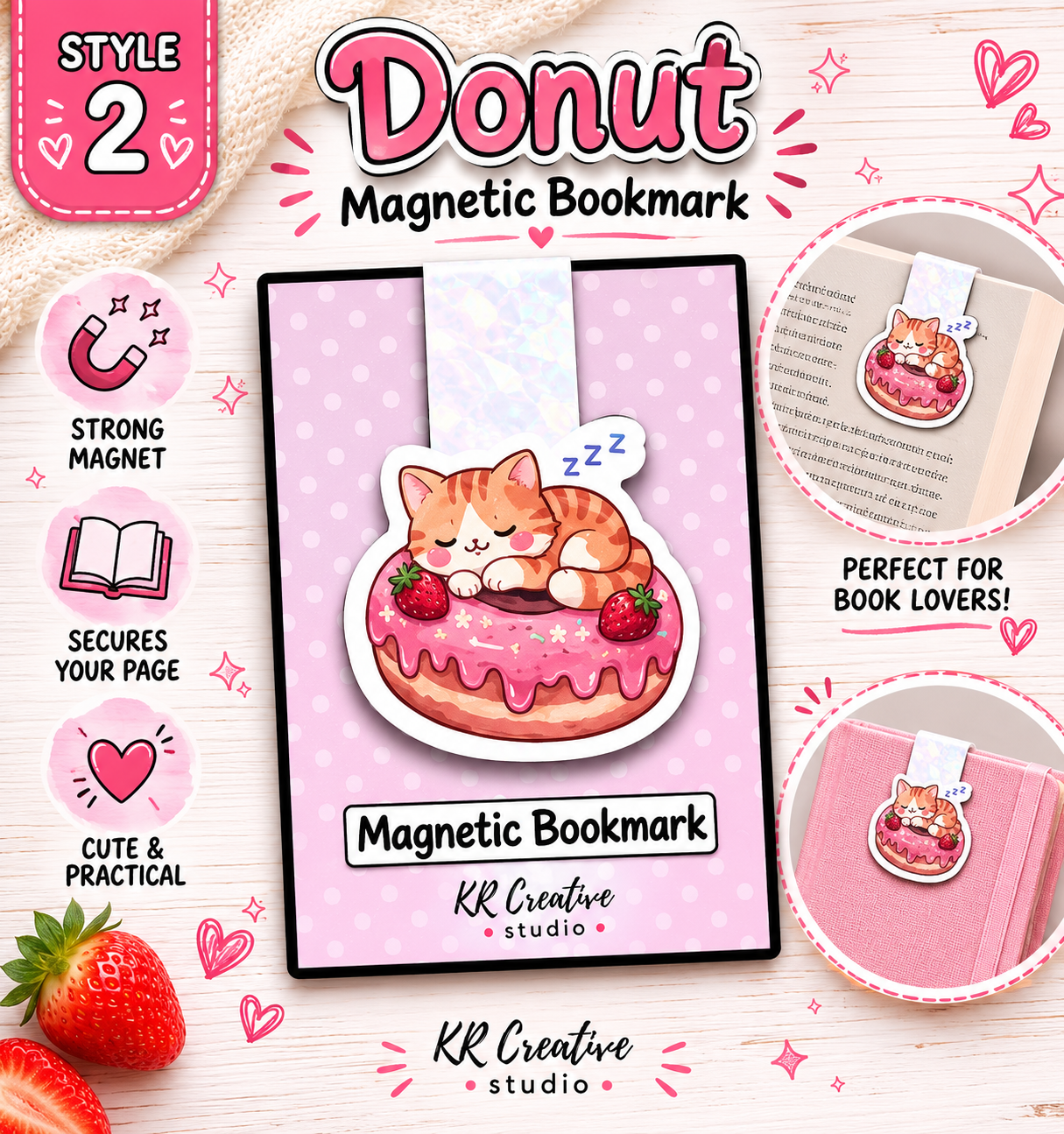 Strawberry Magnetic Bookmark Set | Cute Magnetic Bookmarks | Reader Gift | Planner Accessory | Book Lover Gift