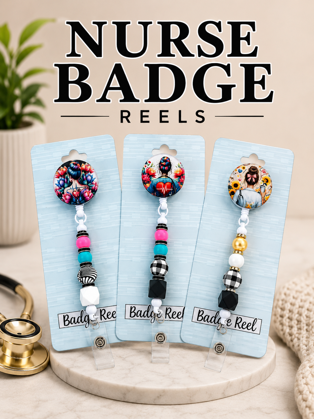 Nurse Design Retractable Badge Reel | Beaded Nurse ID Holder | Cute RN Badge Reel | Healthcare Worker Gift