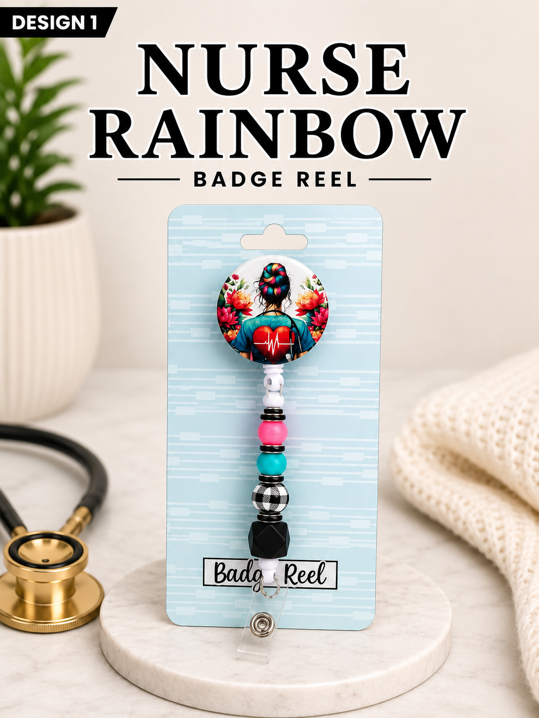 Nurse Design Retractable Badge Reel | Beaded Nurse ID Holder | Cute RN Badge Reel | Healthcare Worker Gift