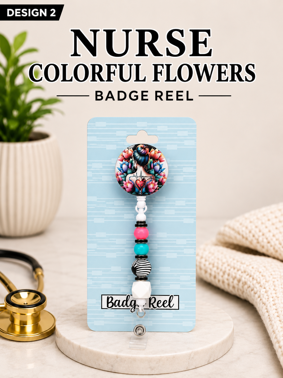 Nurse Design Retractable Badge Reel | Beaded Nurse ID Holder | Cute RN Badge Reel | Healthcare Worker Gift
